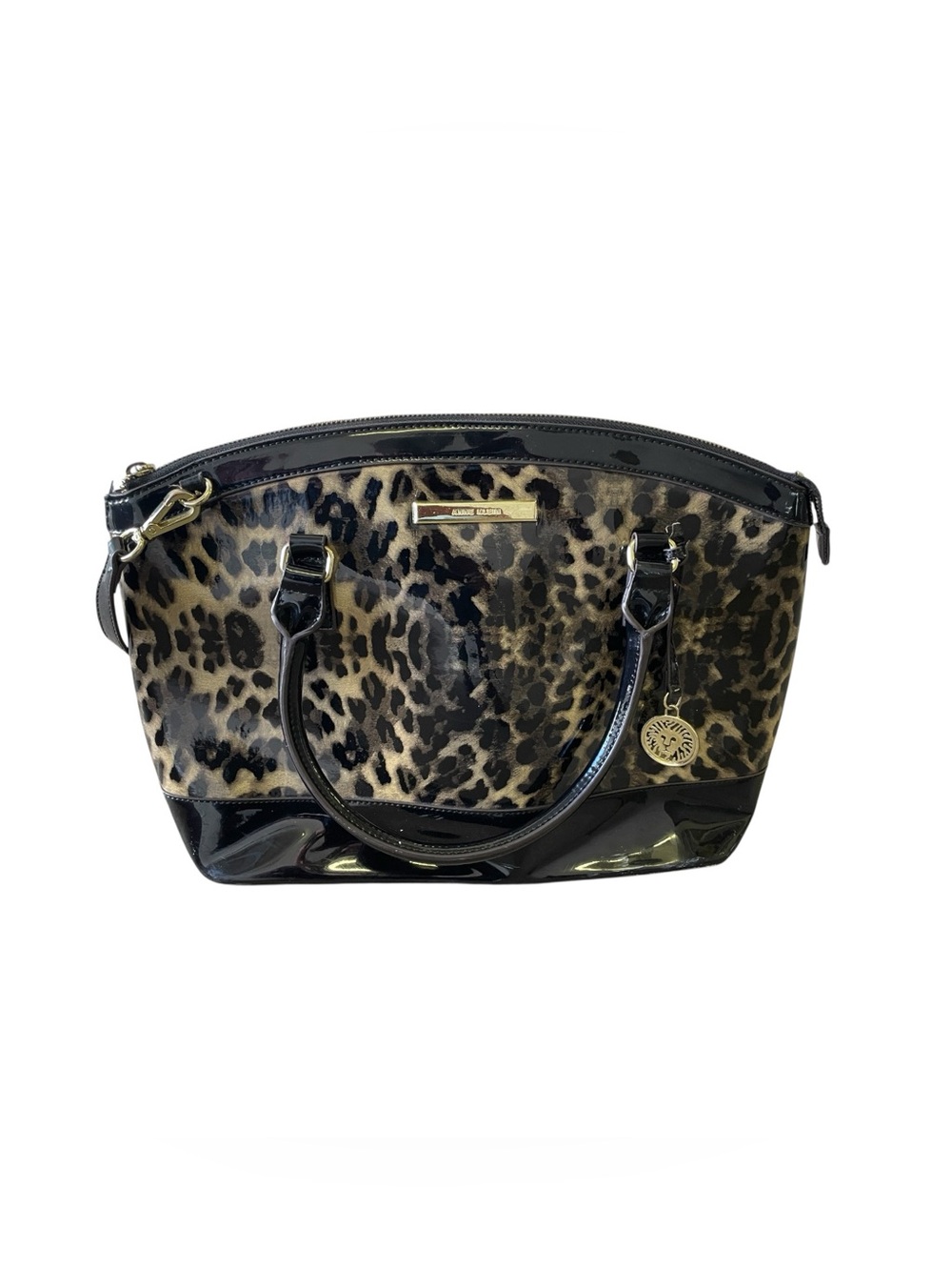 Anne Klein Leopard Black Satchel Gold Lion Medallion Purse Bag